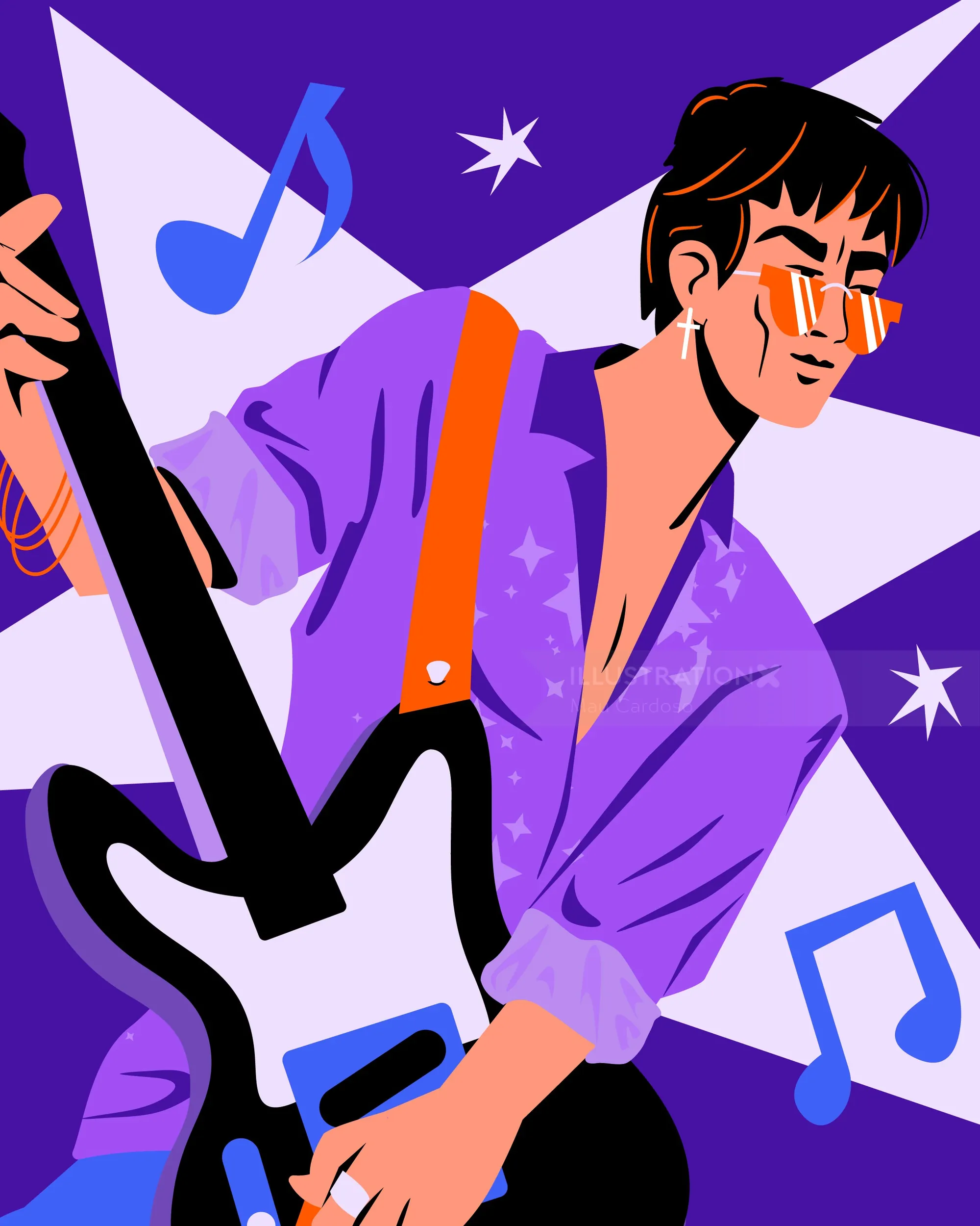Stylized illustration of musician playing electric guitar by Mau Cardoso