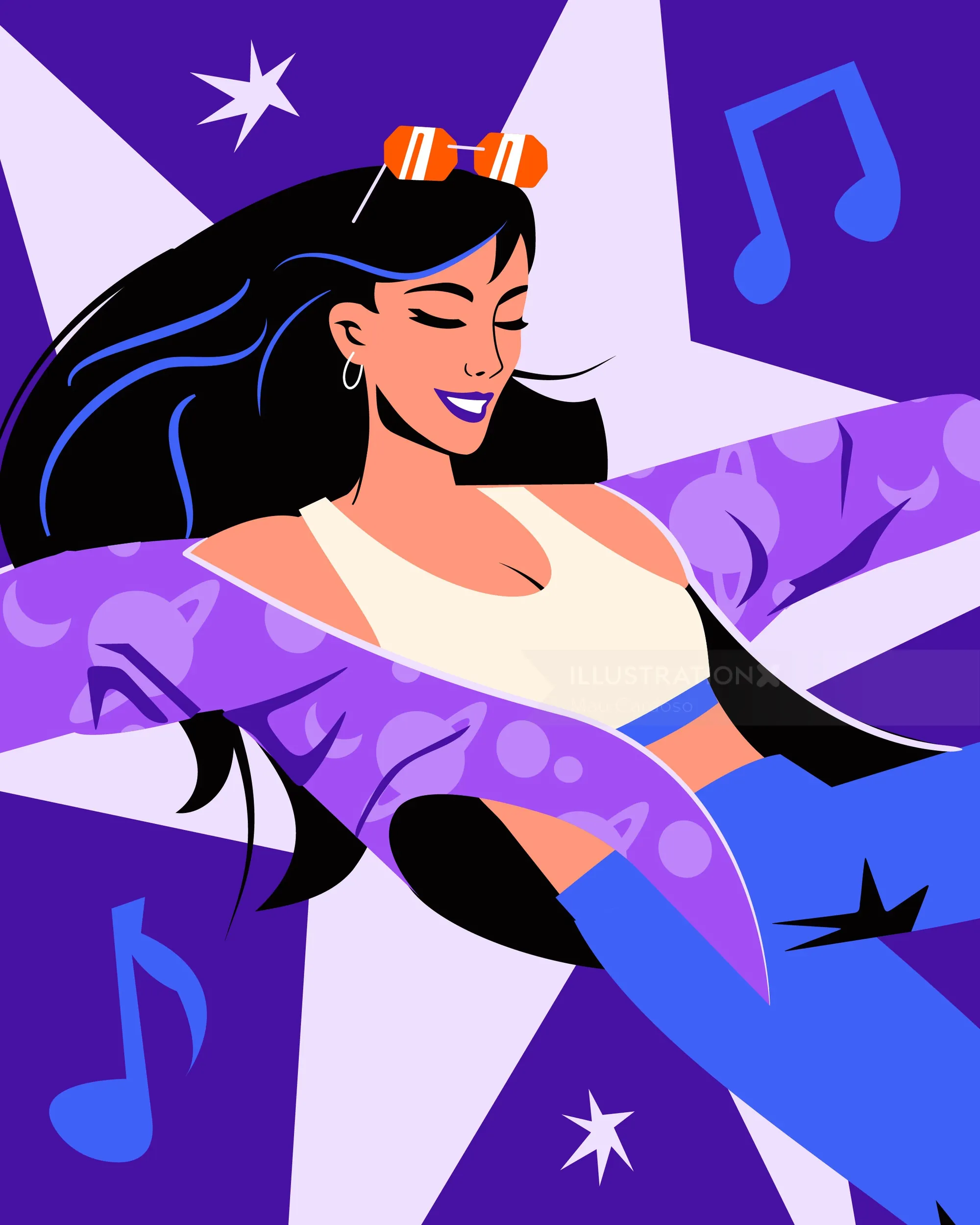 Woman dancing with music notes and stars by Mau Cardoso