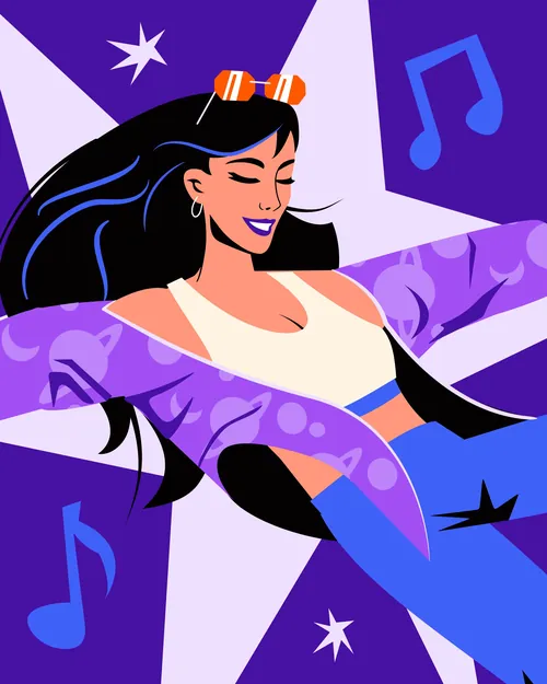 Woman dancing with music notes and stars by Mau Cardoso