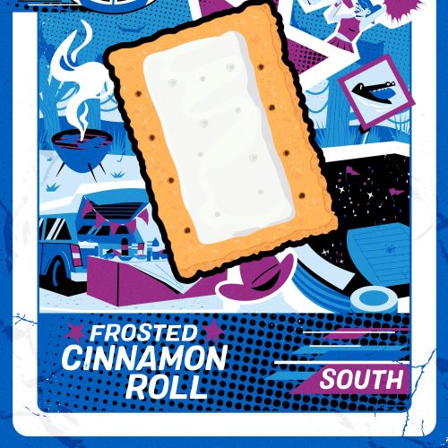Pop art style frosted cinnamon roll with vibrant blue and purple, by Mau Cardoso