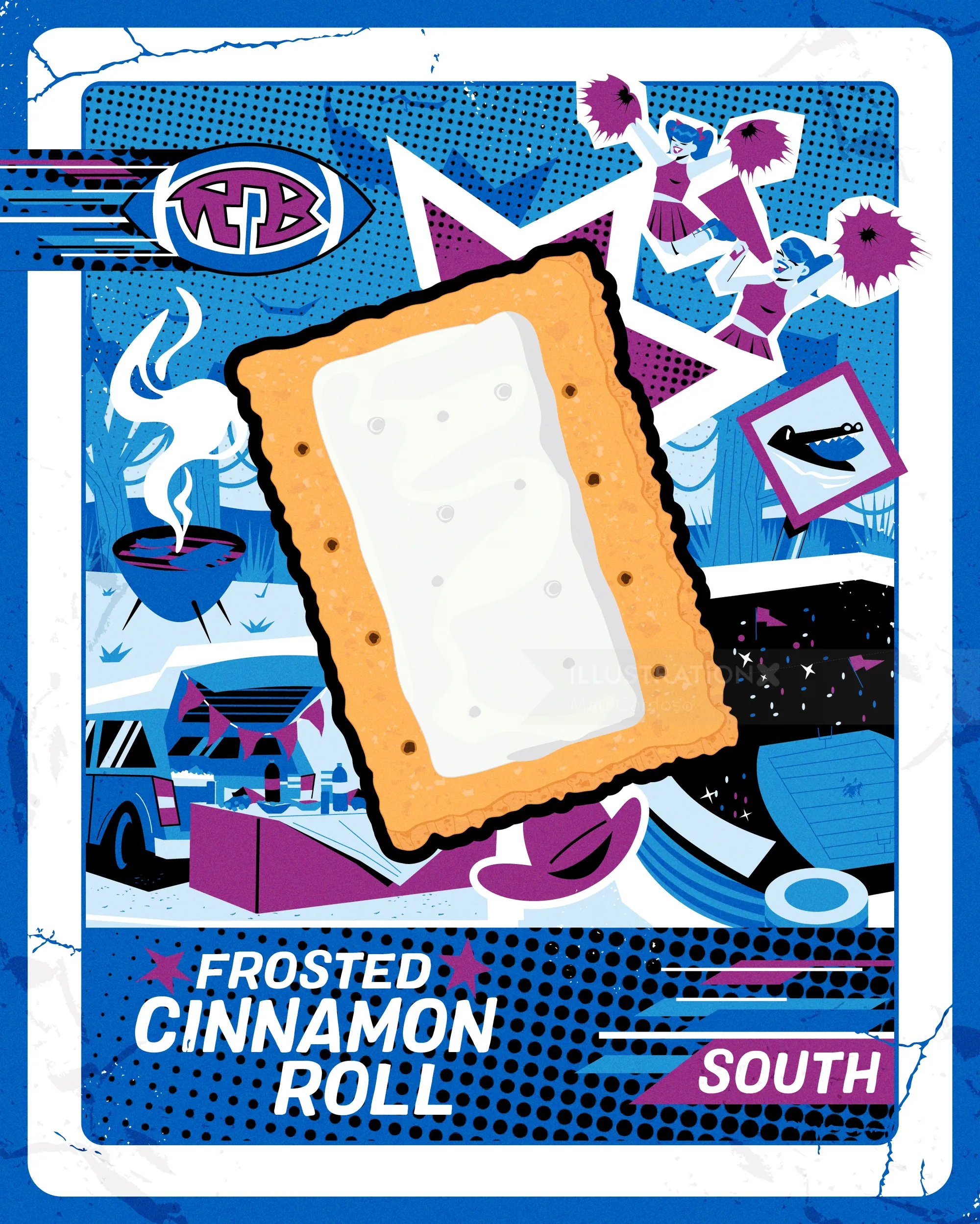 Pop art style frosted cinnamon roll with vibrant blue and purple, by Mau Cardoso