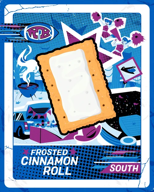 Pop art style frosted cinnamon roll with vibrant blue and purple, by Mau Cardoso