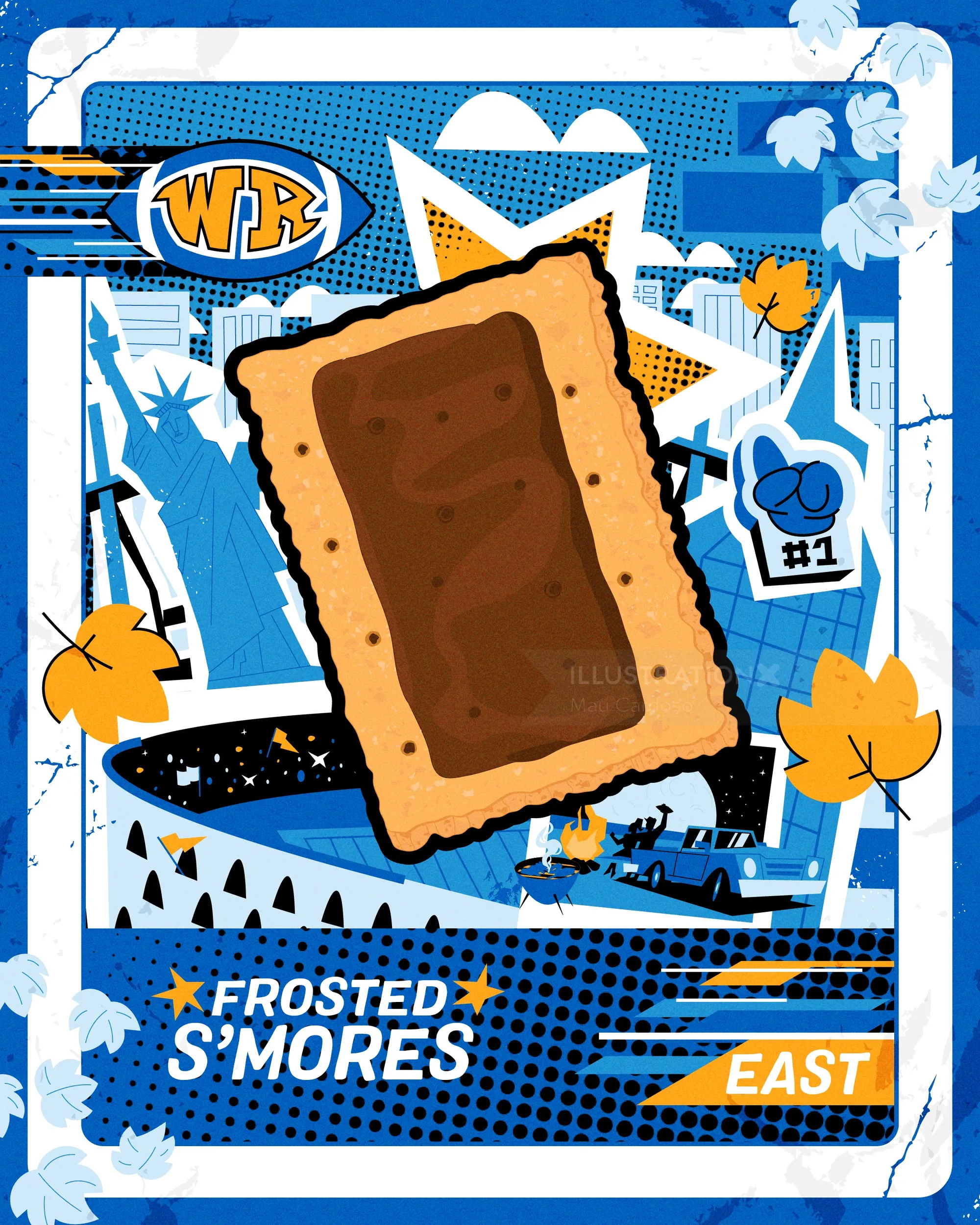 Frosted s'mores illustration with blue and orange graphic style by Mau Cardoso