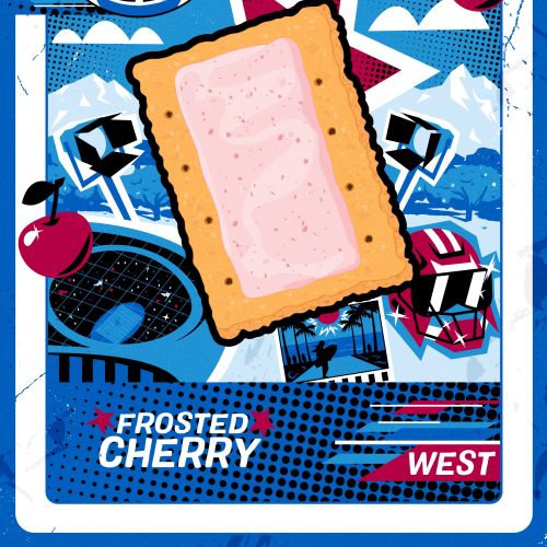 Frosted cherry pop-tart with cherries and dynamic graphic background by Mau Cardoso