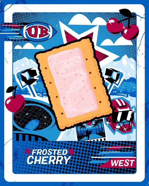 Frosted cherry pop-tart with cherries and dynamic graphic background by Mau Cardoso