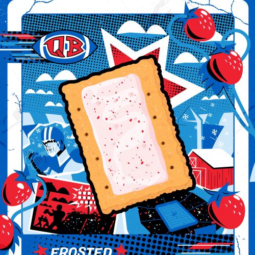 Colorful frosted strawberry pastry illustration with farm and Midwest theme by Mau Cardoso