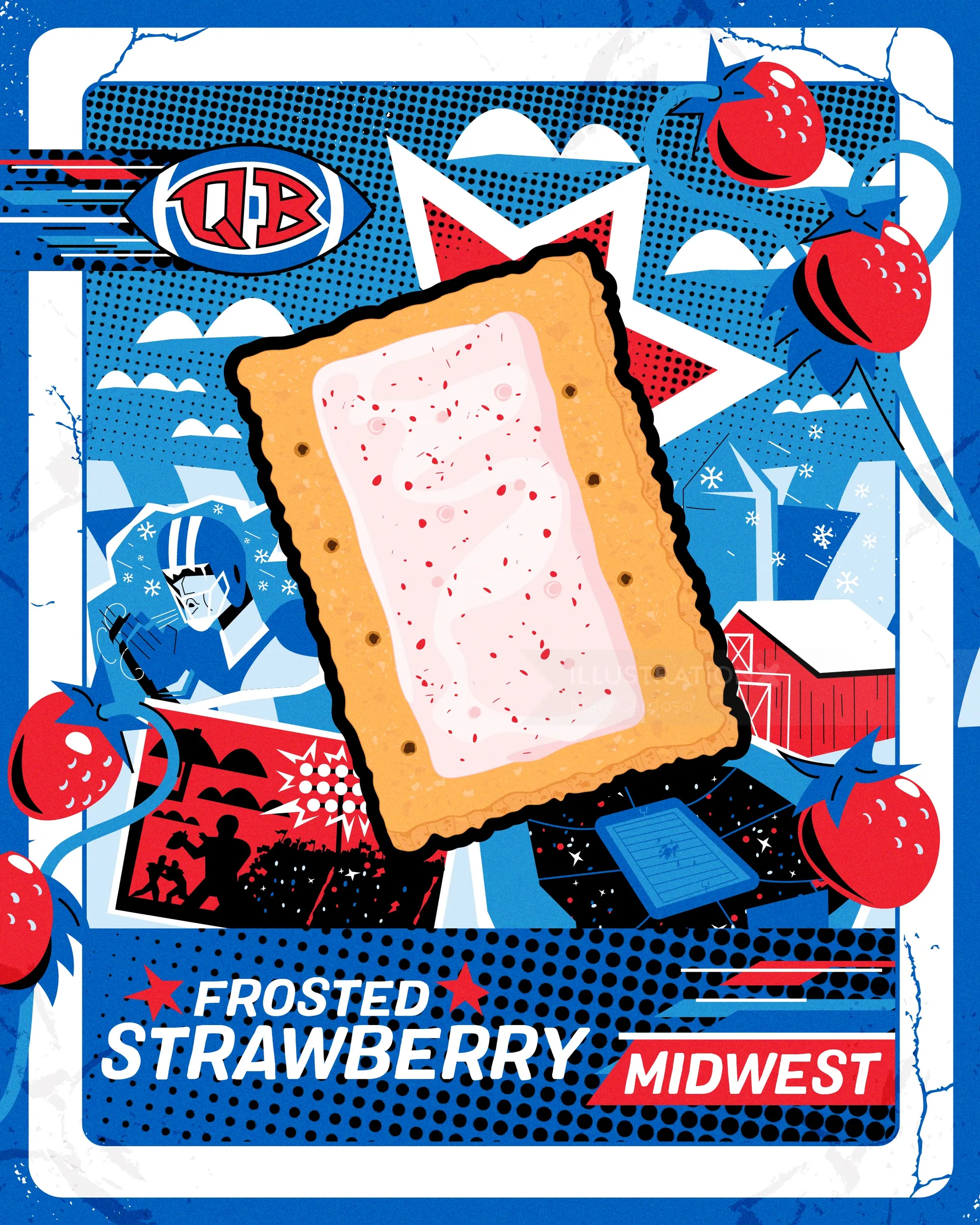 Colorful frosted strawberry pastry illustration with farm and Midwest theme by Mau Cardoso
