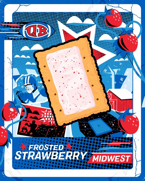 Colorful frosted strawberry pastry illustration with farm and Midwest theme by Mau Cardoso