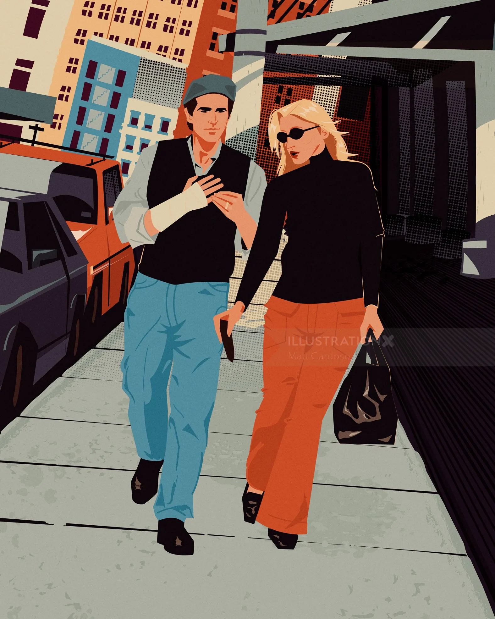 JFK Jr. y Carolyn Bessette caminando por una calle de la ciudad por Mau Cardoso