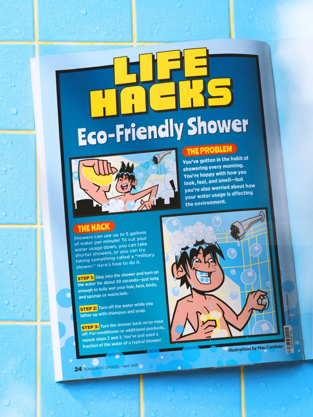 Página ilustrada de una revista que muestra trucos ecológicos para la ducha, por Mau Cardoso.