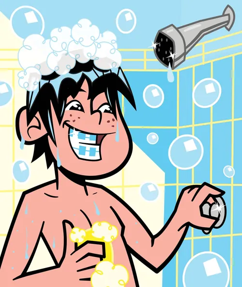 Cartoon boy with soap bubbles showering in bathroom by Mau Cardoso