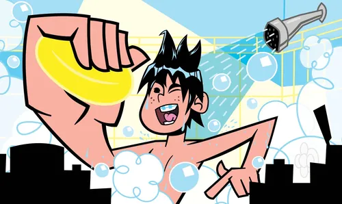 Cartoon man showering with soap and bubbles by Mau Cardoso