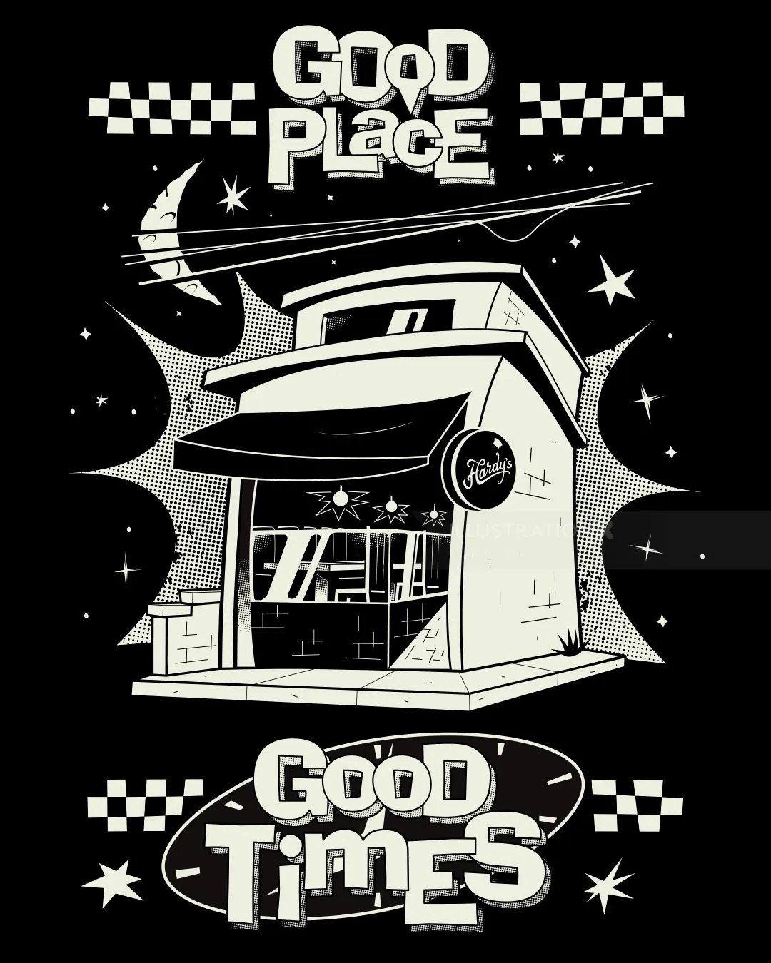 Black and white illustration of a shop with text 'Good Place Good Times' by Mau Cardoso