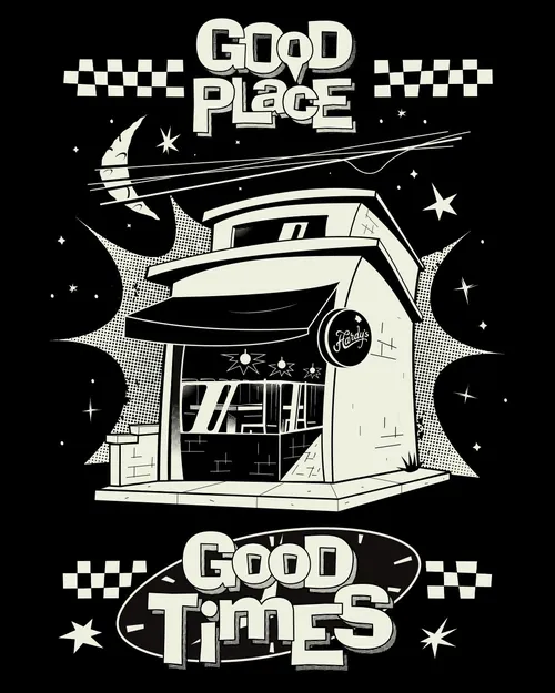 Black and white illustration of a shop with text 'Good Place Good Times' by Mau Cardoso