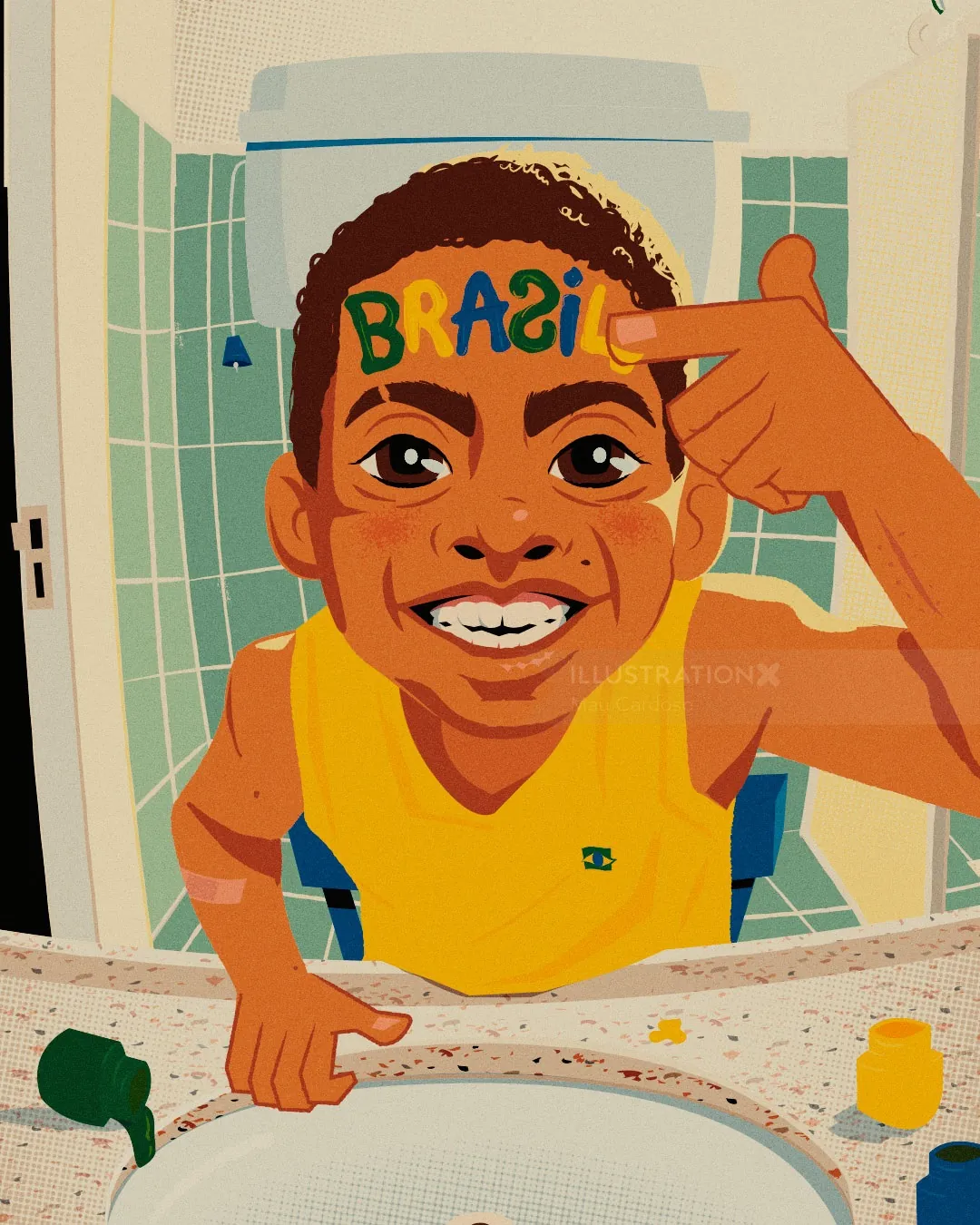 Mau Cardoso illustration of a smiling child wearing Brazil face paint