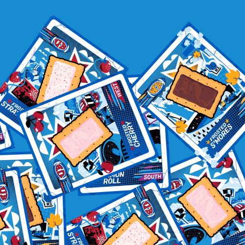 Mau Cardoso illustration of colorful snack packages arranged on a blue background