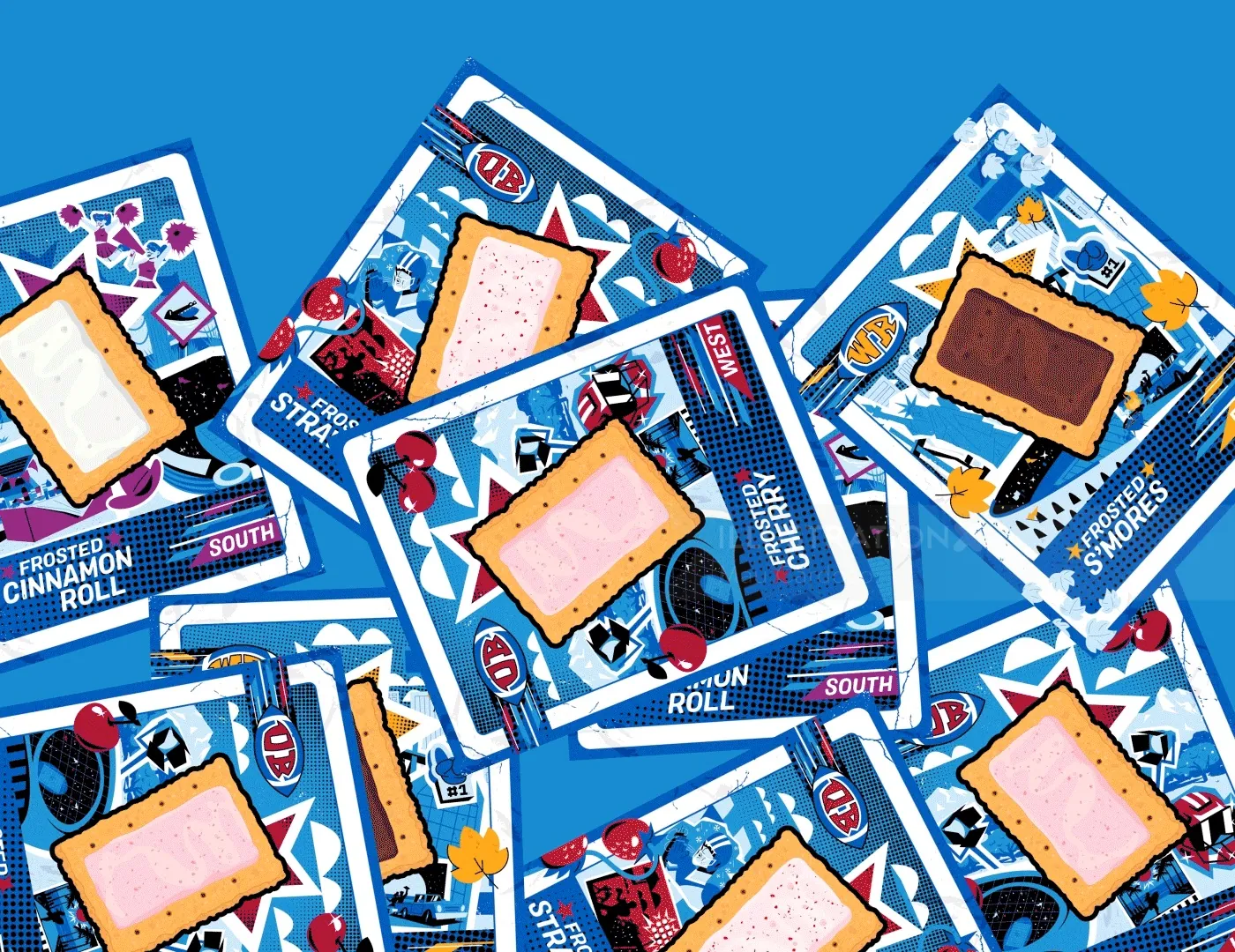 Mau Cardoso illustration of colorful snack packages arranged on a blue background