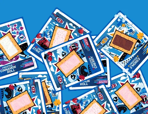 Mau Cardoso illustration of colorful snack packages arranged on a blue background