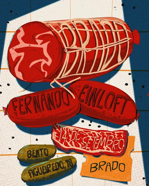Mau Cardoso-Plakat mit illustrierten Würsten und dem Schriftzug des Restaurants Brado
