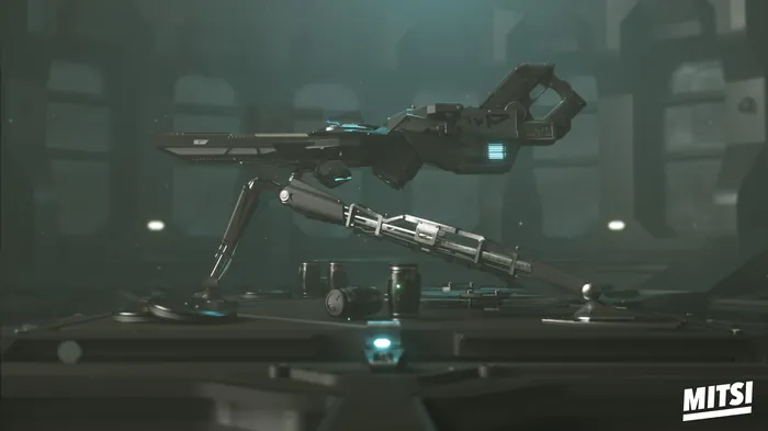 Futuristic mounted machine gun with blue glowing parts by Maurice Baltissen