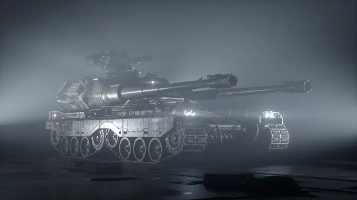 Military tank with bright headlights in fog by Maurice Baltissen