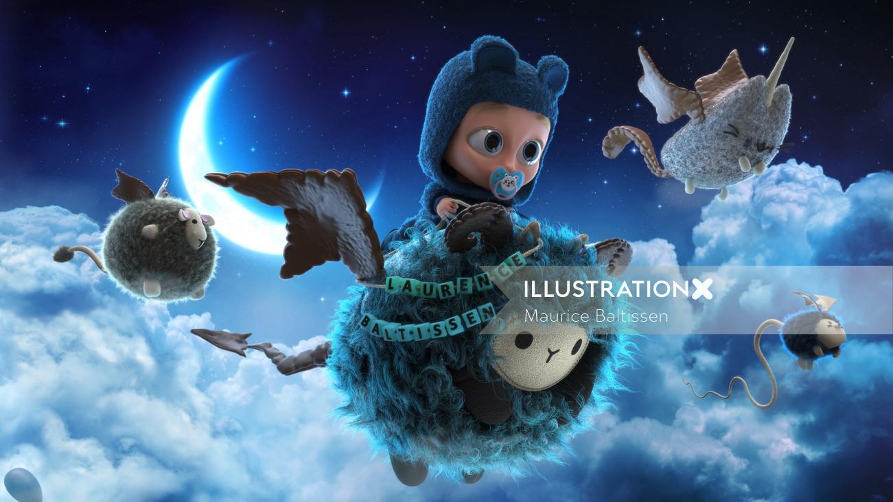 3d cartoon characters flying in sky
