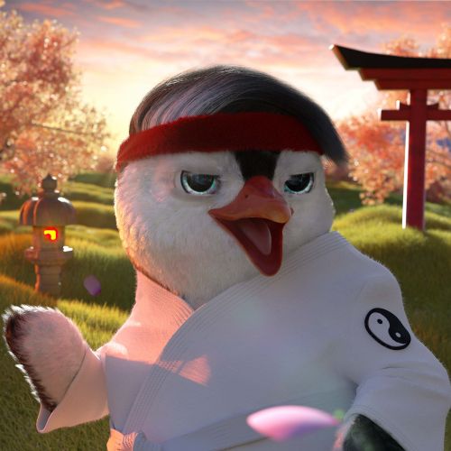 Penguin wearing white martial arts uniform with a red headband by a torii gate, art by Maurice Balti