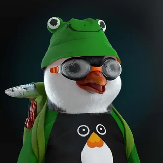 Digital penguin character with frog hat, goggles, and fish backpack by Maurice Baltissen