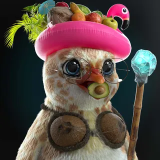 Whimsical owl with fruit hat, glasses, and staff by Maurice Baltissen