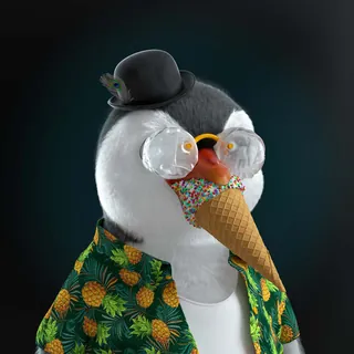 Penguin with bowler hat, pineapple shirt, glasses eating ice cream by Maurice Baltissen