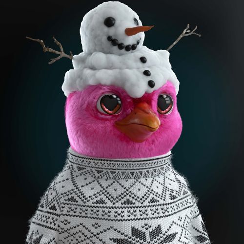Pink bird with snowman hat and patterned sweater by Maurice Baltissen