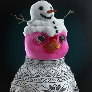 Pink bird with snowman hat and patterned sweater by Maurice Baltissen
