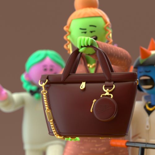 Three cartoonish characters holding a brown handbag by Maurice Baltissen