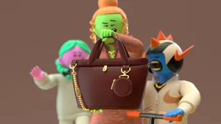 Three cartoonish characters holding a brown handbag by Maurice Baltissen