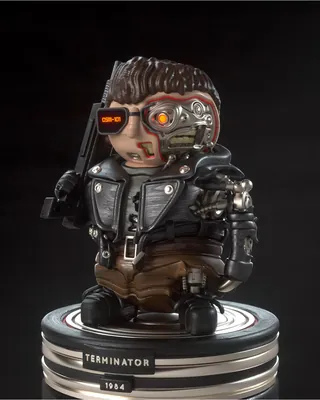 Terminator cyborg figurine with metal robotic parts and leather jacket by Maurice Baltissen