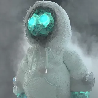 Frosted humanoid figure with glowing blue eyes in a hooded jacket by Maurice Baltissen