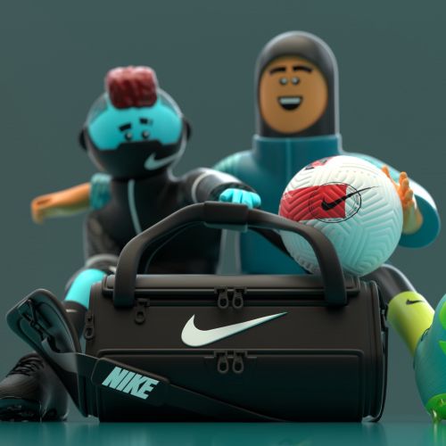 Nike sports bag with two figures, soccer ball, and green toy by Maurice Baltissen