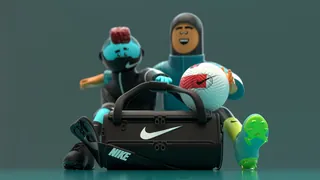 Nike sports bag with two figures, soccer ball, and green toy by Maurice Baltissen