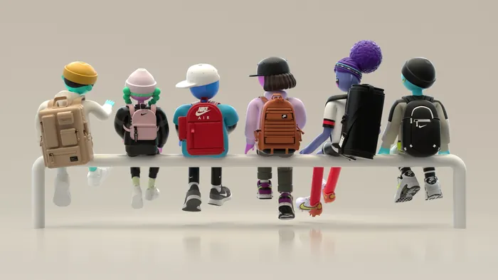 Colorful figures sitting on a bench wearing backpacks by Maurice Baltissen