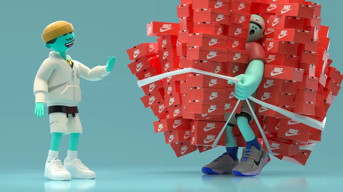 Two figures with one carrying many red Nike shoeboxes, by Maurice Baltissen