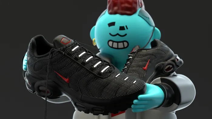 Maurice Baltissen illustration of a blue cartoon holding black Nike sneakers