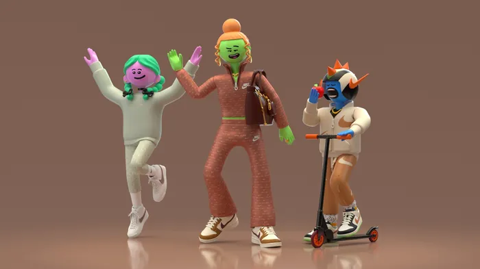 Three colorful animated characters wearing Nike gear, one on a scooter by Maurice Baltissen
