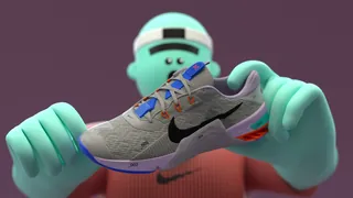 Cartoon character holding a gray Nike shoe with blue laces by Maurice Baltissen