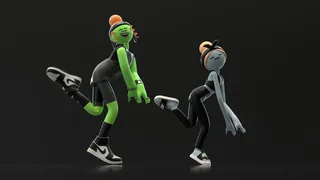 Two stylized figures skating, one green and one gray, wearing sneakers by Maurice Baltissen