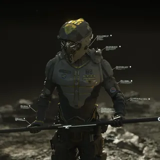 Futuristic soldier holding spear in armored suit by Maurice Baltissen