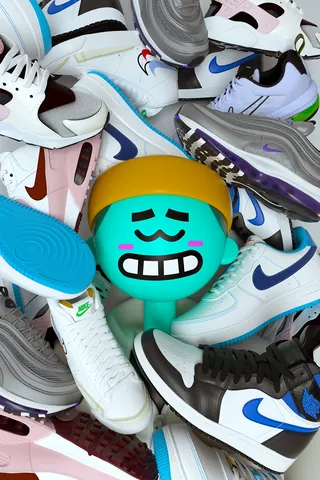 Colorful cartoon face wearing yellow hat among Nike sneakers by Maurice Baltissen