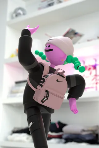 Purple figurine with green hair and pink backpack by Maurice Baltissen