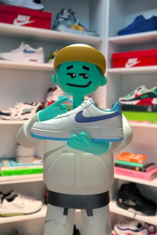 Green cartoon figure holding white Nike sneakers by Maurice Baltissen