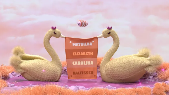 Two swans holding a banner with names by Maurice Baltissen