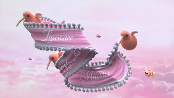 Surreal pink bird-like shapes floating above clouds by Maurice Baltissen